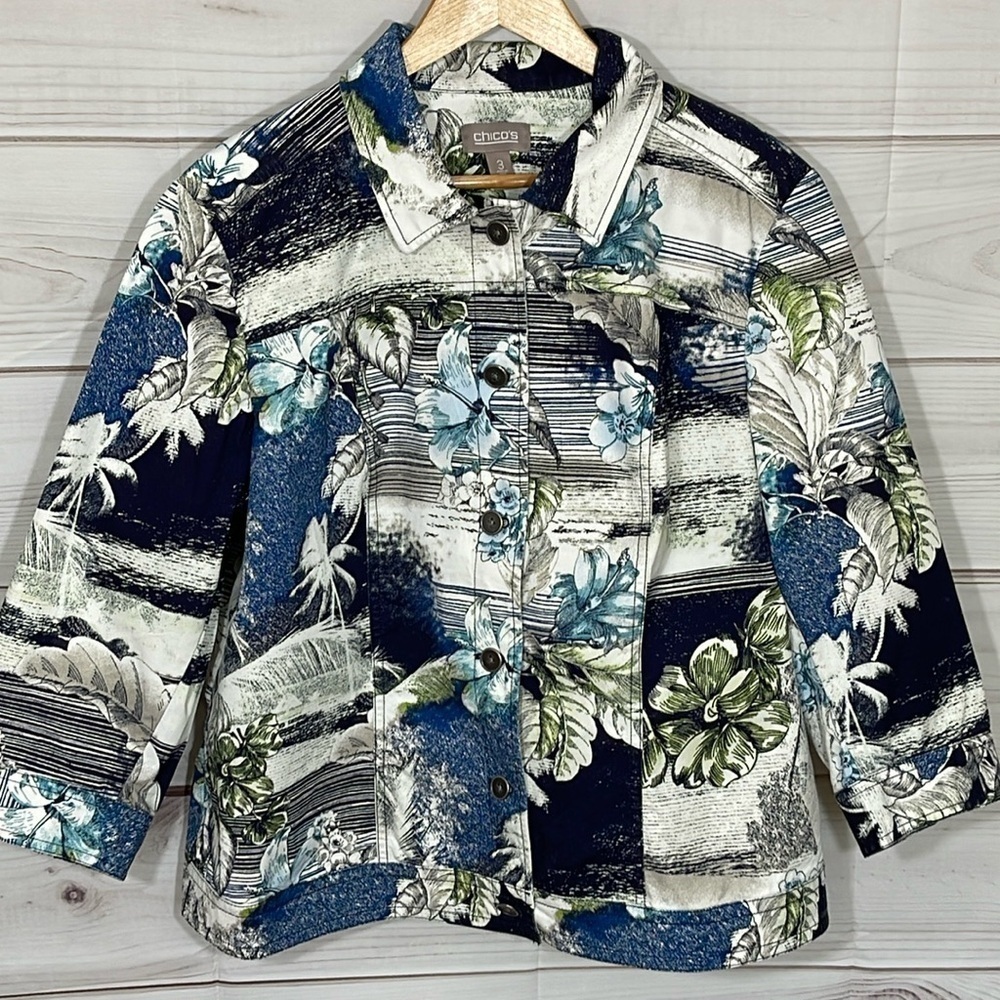 Chico’s Cotton Stretch Tropical Print 3/4 Sleeve Jacket Size 16/XL/Chico’s 3